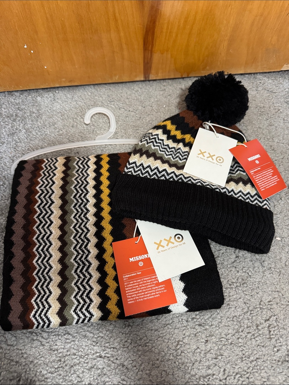 Missoni Womens Pom Beanie and Scarf Set in Black, Brown, Yellow